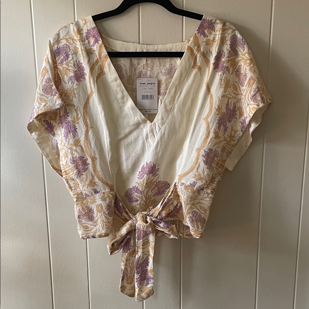 Free People Cream and Purple Floral Tie-Front Blouse